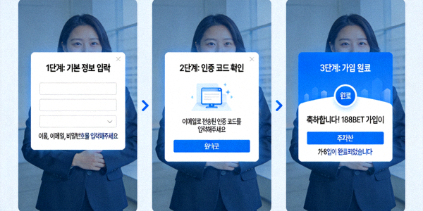 188BET 한국어 가입 페이지의 단계별 진행 화면