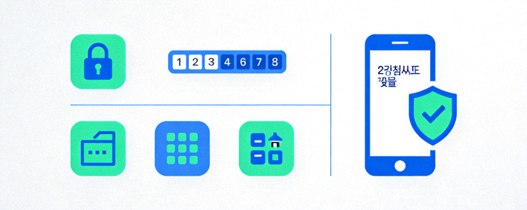 강력한 비밀번호 생성과 2단계 인증 설정을 상징하는 아이콘들로 구성된 이미지