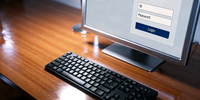 키보드와 모니터 위에 표시된 로그인 폼을 나타내는 이미지