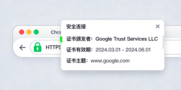 웹 브라우저 주소창의 HTTPS 자물쇠 표시와 보안 인증서 정보를 보여주는 예시 이미지